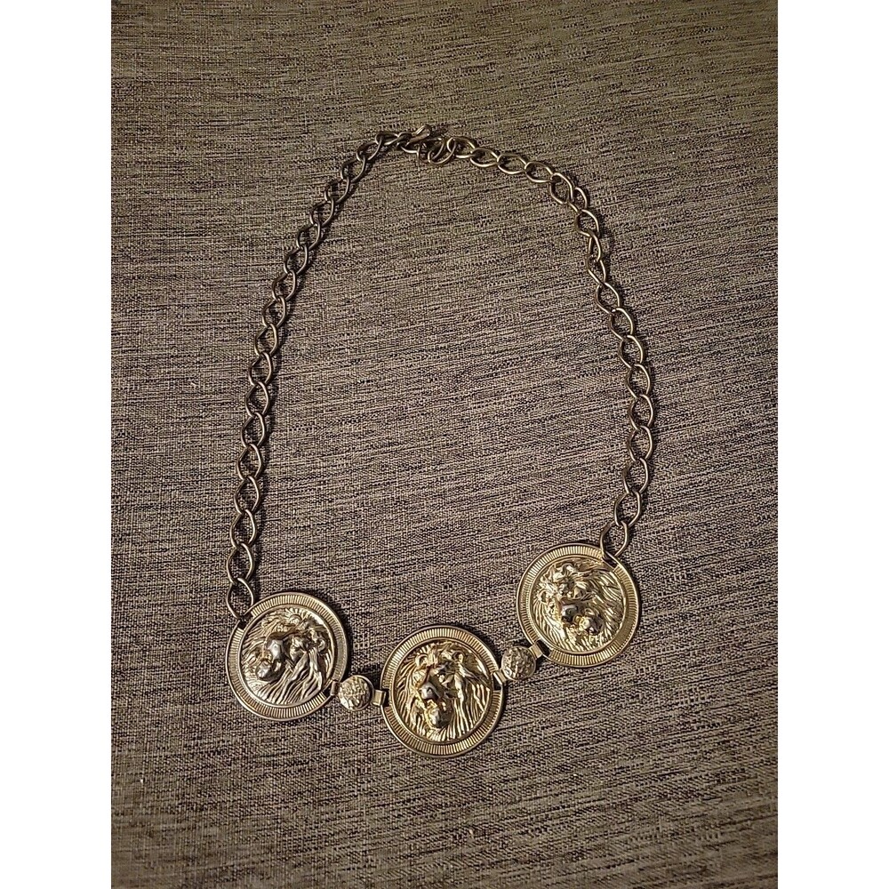 Vtg Lion Head Statement Necklace Or Belt Goldtone Coin Style Adjustable